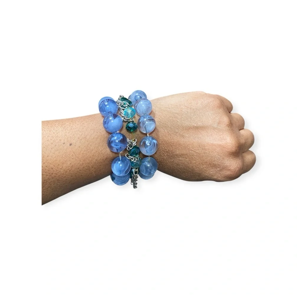 Elegant Blue and Green Beaded Stretch Bracelet Set